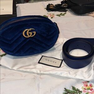 Gucci Marmont Matelasse Blue Velvet Belt Bag with Gold GG Emblem